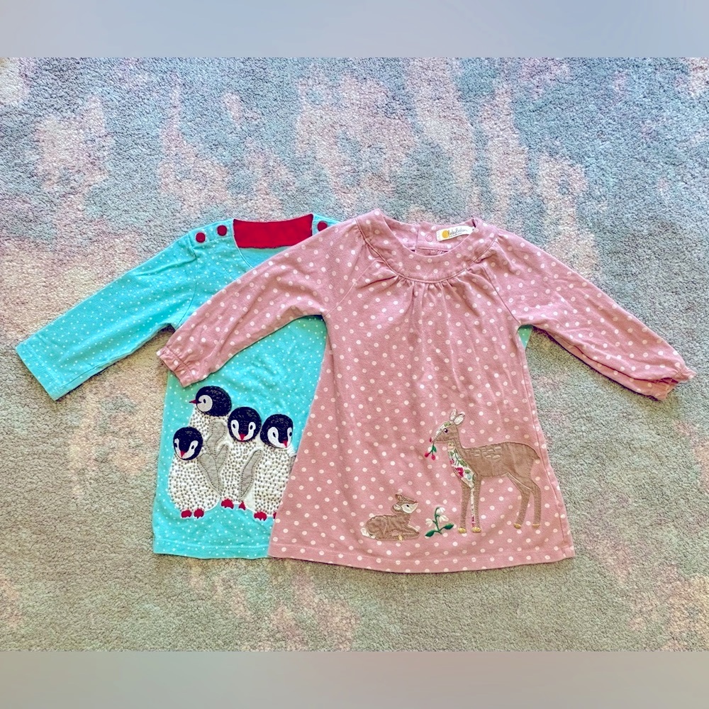 Baby Boden Pink Blue Dress Bundle 6-12mo Deer Penguin Appliqué Long Sleeve